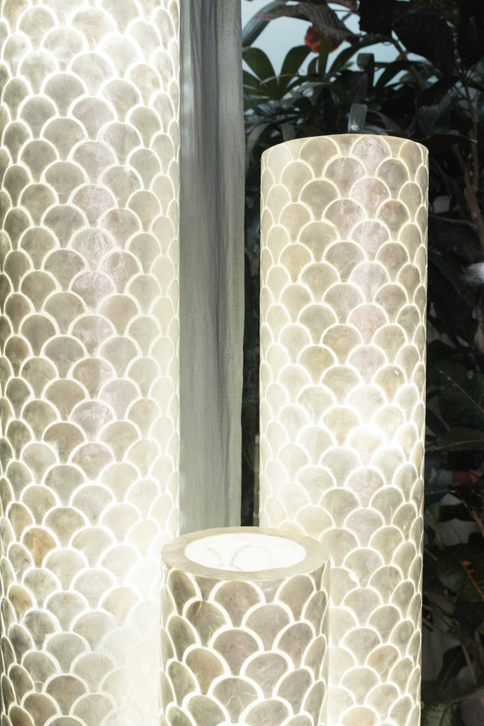 Set of 3 Kipas Floor Lamps in different sizes in a living room in a Villa in a tropical environment