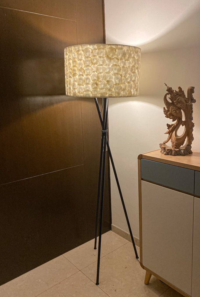 Full Shell Tripod Floor Lamp standing in front of a wooden wall