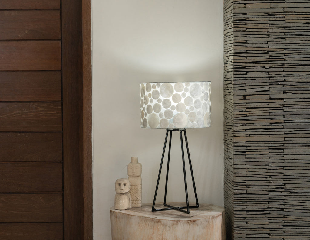 Table Lamp with Shade in White Coin Design in a Balinese Villa on a side table